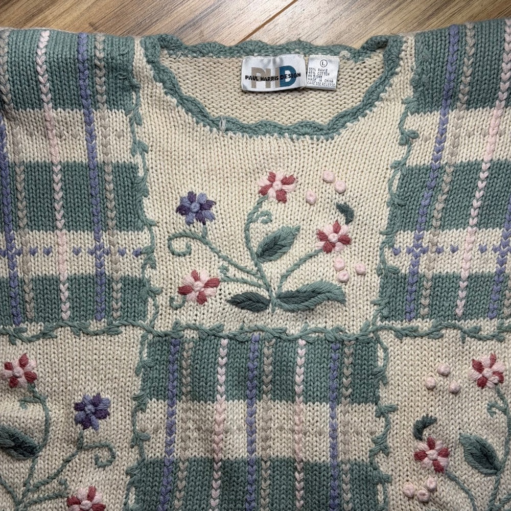 Vintage Paul Harris Design Floral Patchwork Sweater Large Sage Green Cottagecore